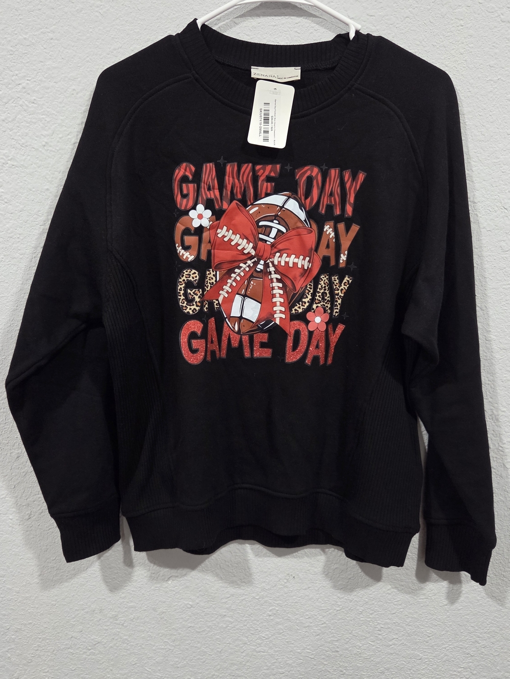 Zenana Outfitters Black Game Day Graphic Sweatshirt with Red Accents